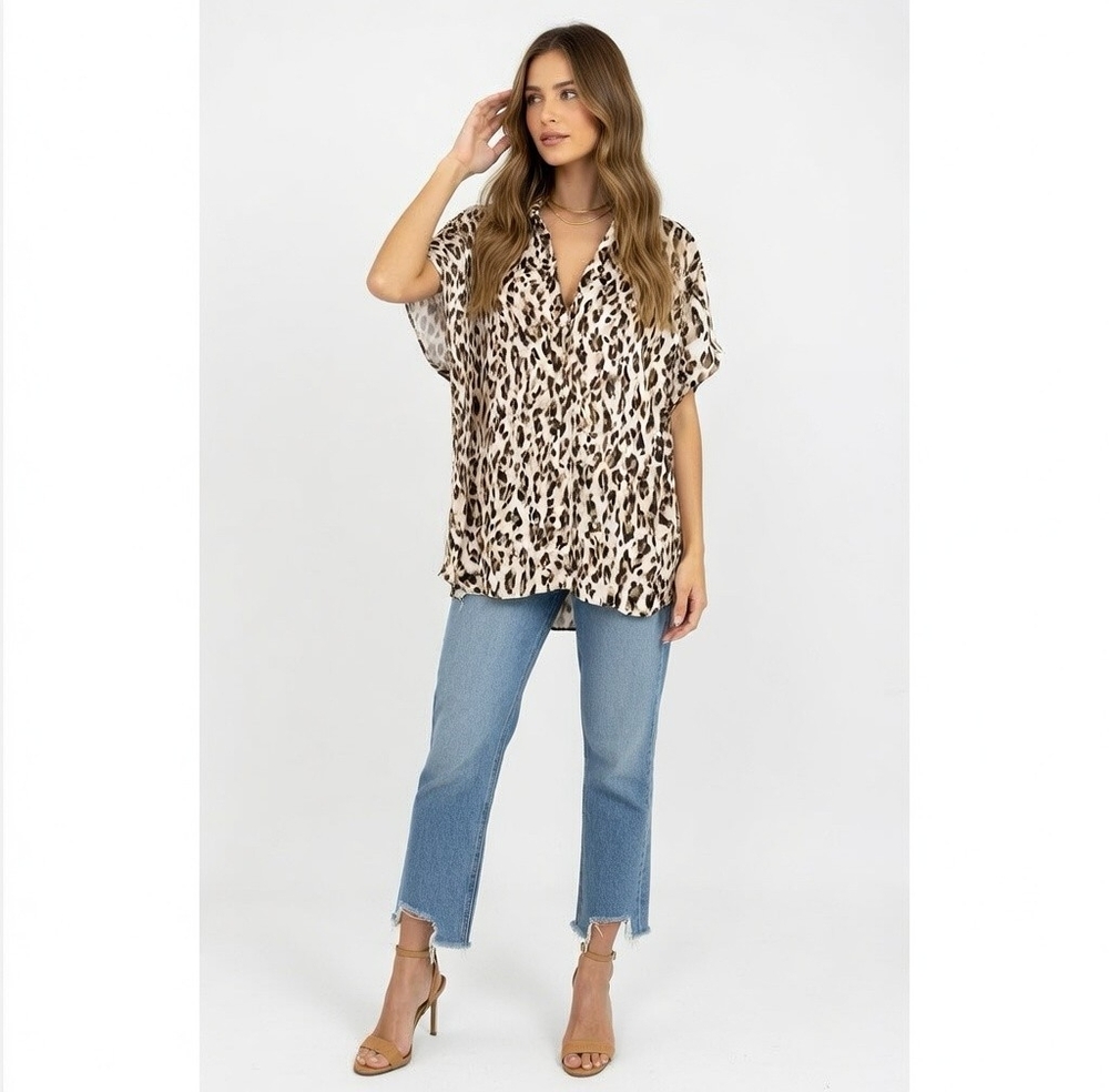 Women Top BETHANY Animal Print Button Front Shirt Chiffon Ruffled Sleeve Blouse